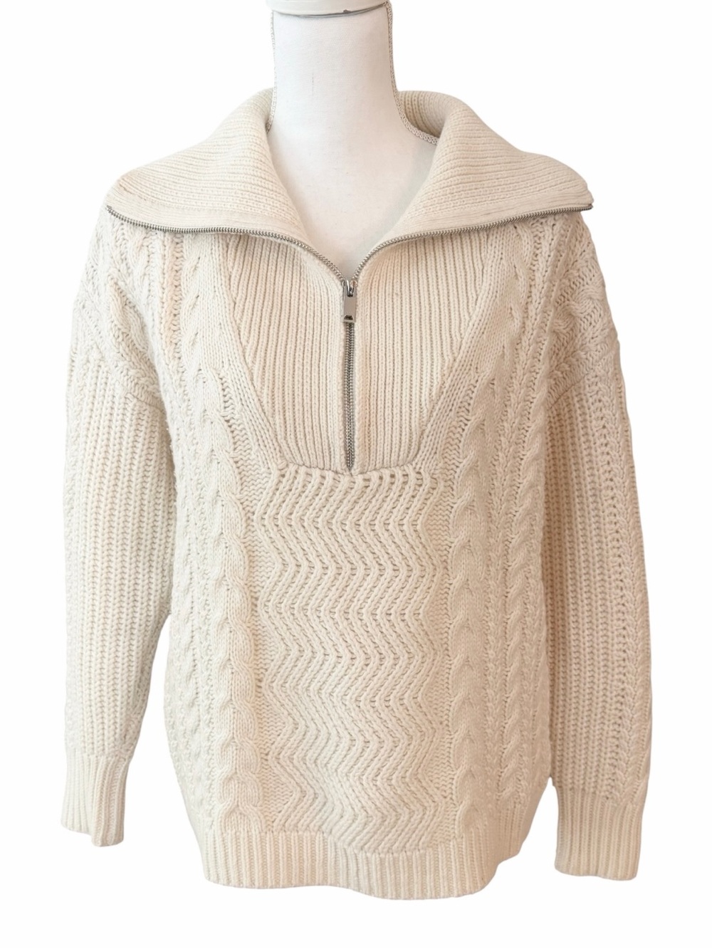 Reiss Alexis Cable Knit Zip Neck Jumper Sweater Cream M - Picture 2 of 8